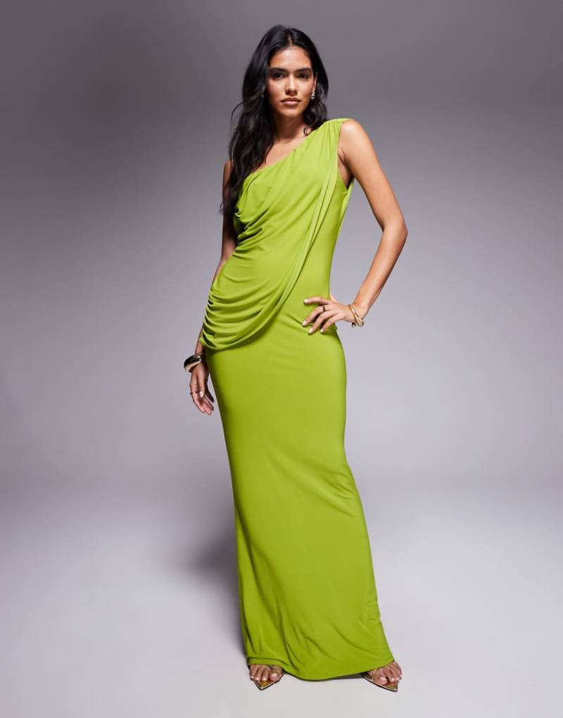 ASOS DESIGN - Drapiertes One-Shoulder-Maxikleid mit Wasserfallausschnitt am Rücken und Trägerdetail-Grün von ASOS DESIGN