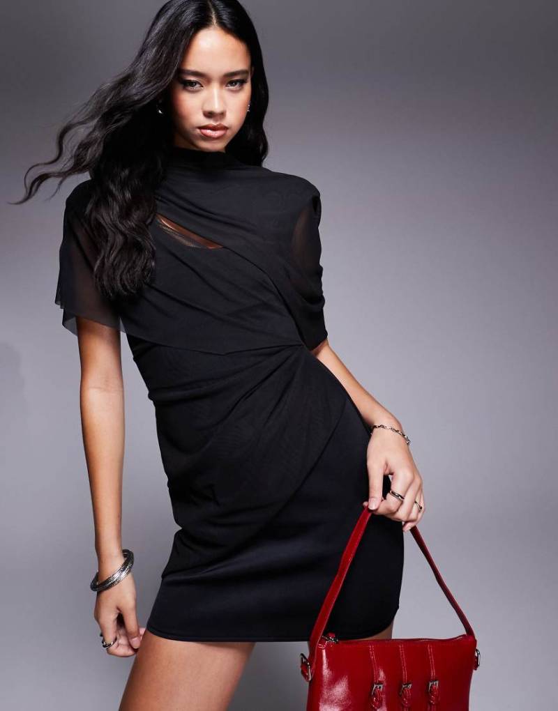 ASOS DESIGN - Drapiertes Premium-Minikleid aus Netzstoff in Schwarz mit Schulterpolstern von ASOS DESIGN