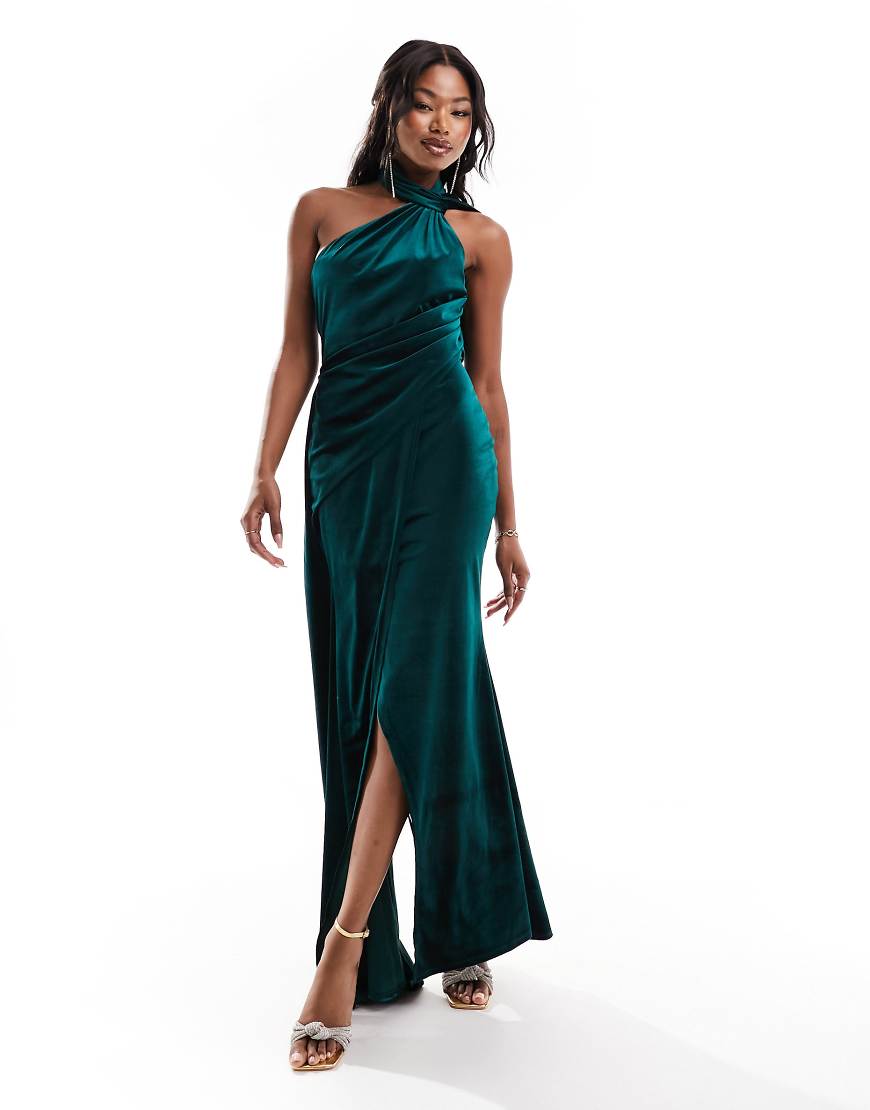 ASOS DESIGN - Drapiertes Samt-Maxikleid in Flaschengrün mit Bindedetail und One-Shoulder-Träger von ASOS DESIGN