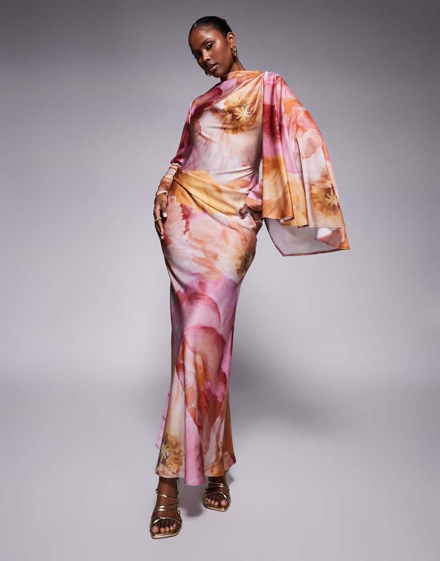 ASOS DESIGN - Drapiertes Satin-Maxikleid mit Schrägschnitt, Schal-Overlay und übergroßem Blumenmuster-Bunt von ASOS DESIGN