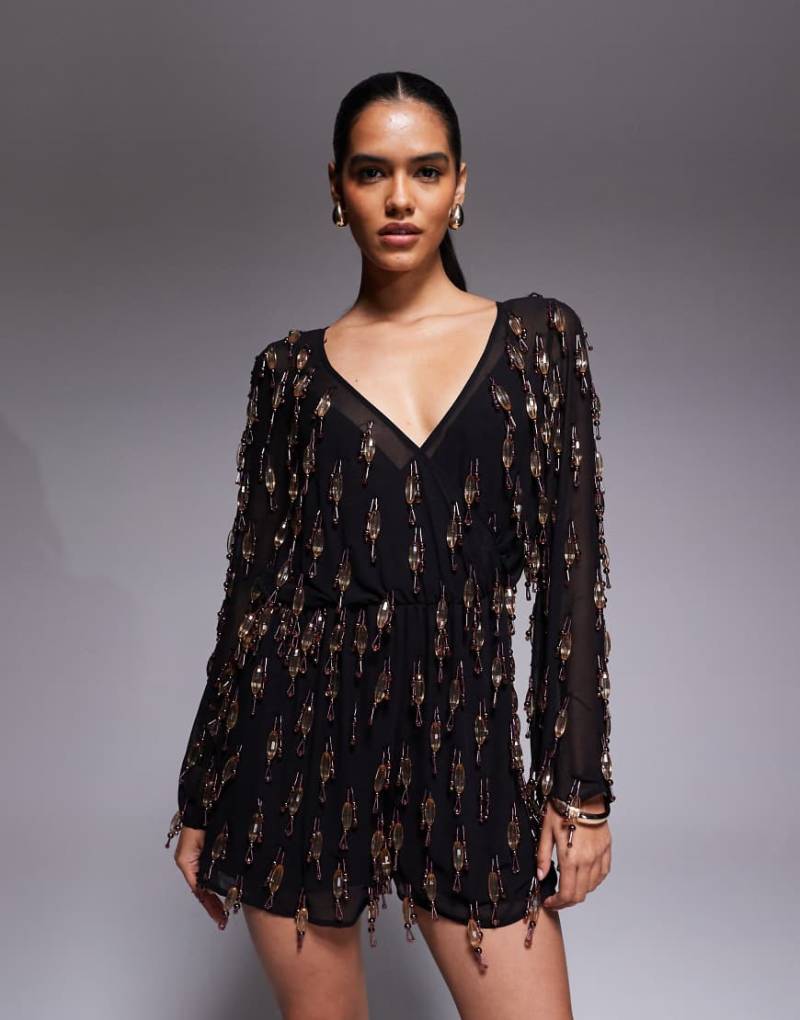ASOS DESIGN - Durchgehend verzierter Playsuit in Schwarz mit Blouson-Oberteil von ASOS DESIGN