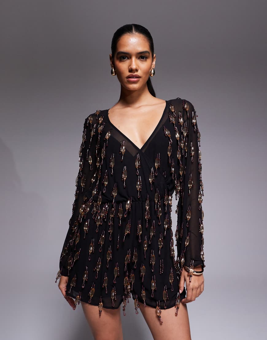 ASOS DESIGN - Durchgehend verzierter Playsuit in Schwarz mit Blouson-Oberteil von ASOS DESIGN