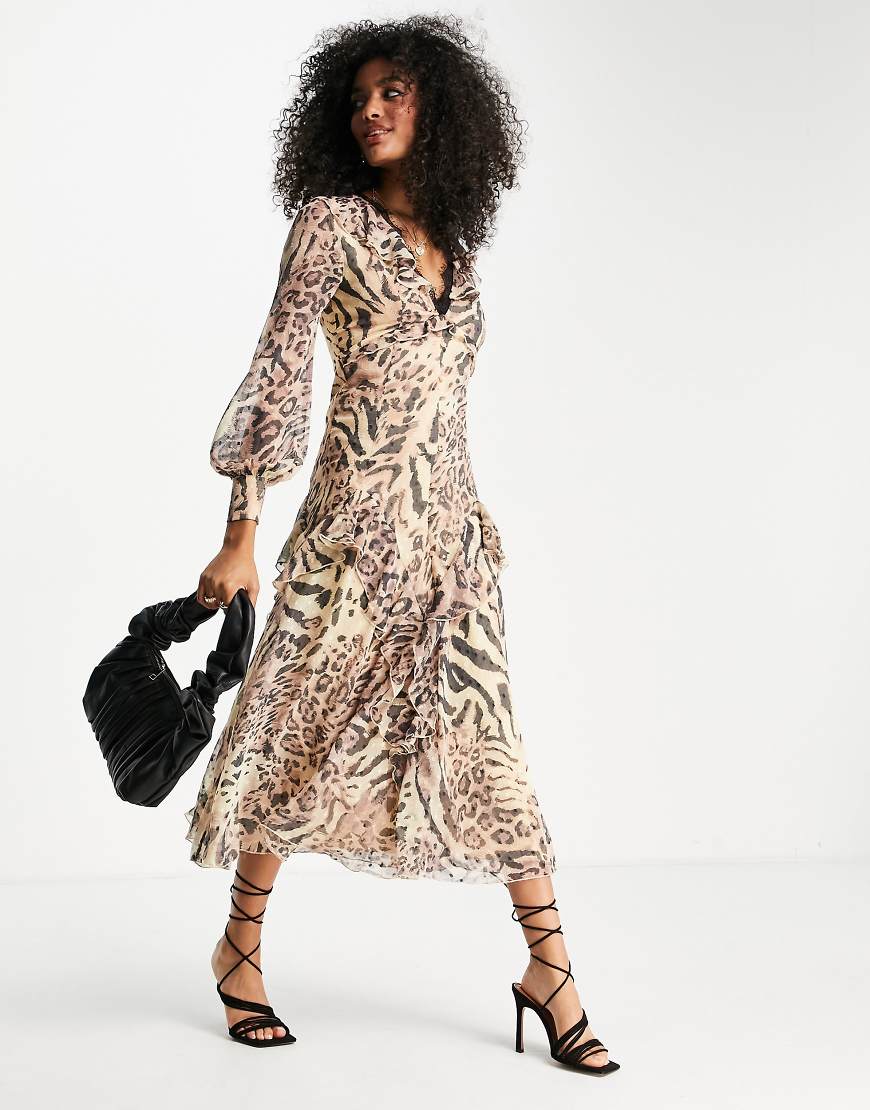 ASOS DESIGN - Durchgeknöpftes, langärmliges Freizeitkleid mit Tiermusterprint, Noppenstruktur und Spitzenbordüre-Bunt ASOS DESIGN - Durchgeknöpftes, langärmliges Freizeitkleid mit Tiermusterprint, Noppenstruktur und Spitzenbordüre-Bunt von ASOS DESIGN