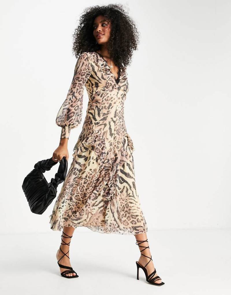 ASOS DESIGN - Durchgeknöpftes, langärmliges Freizeitkleid mit Tiermusterprint, Noppenstruktur und Spitzenbordüre-Bunt von ASOS DESIGN