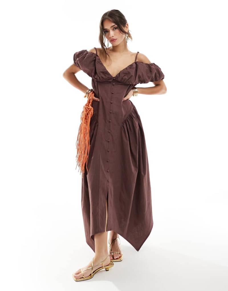ASOS DESIGN - Durchgeknöpftes Midikleid in Schokoladenbraun mit Bardot-Ärmeln und Oversize-Rock von ASOS DESIGN