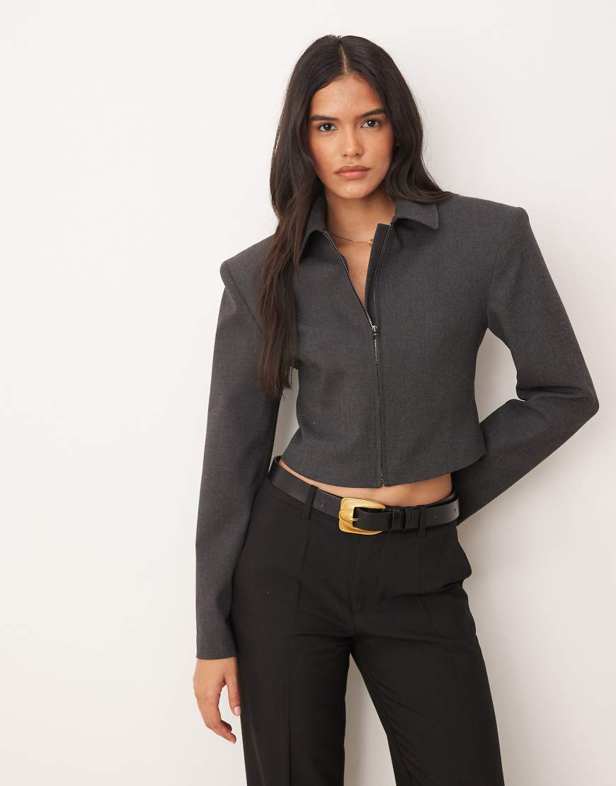 ASOS DESIGN - Elegante, taillierte Cropped-Jacke in Anthrazit mit durchgehendem Reißverschluss, Kombiteil-Grau von ASOS DESIGN