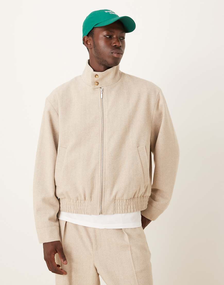 ASOS DESIGN - Elegante Blouson-Jacke in Stein mit Fischgrätmuster, Kombiteil-Neutral von ASOS DESIGN