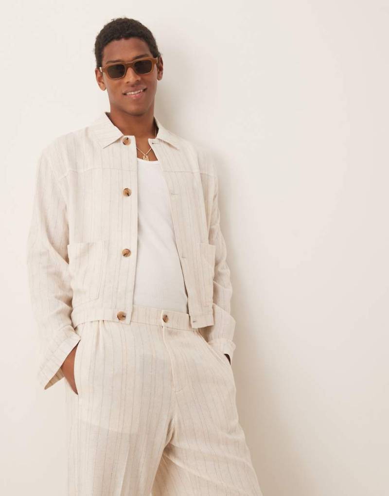 ASOS DESIGN - Elegante Harrington-Jacke aus Leinenmix in Steingrau mit Nadelstreifen, Kombiteil-Neutral von ASOS DESIGN