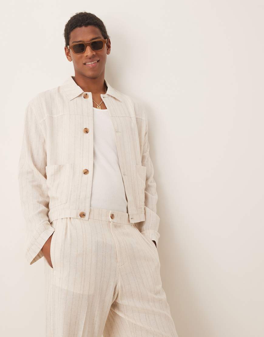 ASOS DESIGN - Elegante Harrington-Jacke aus Leinenmix in Steingrau mit Nadelstreifen, Kombiteil-Neutral von ASOS DESIGN