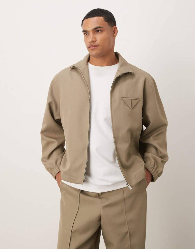 ASOS DESIGN - Elegante Relaxed Fit Trainingsjacke in Olivgrün mit Fischgrätmuster, Kombiteil von ASOS DESIGN