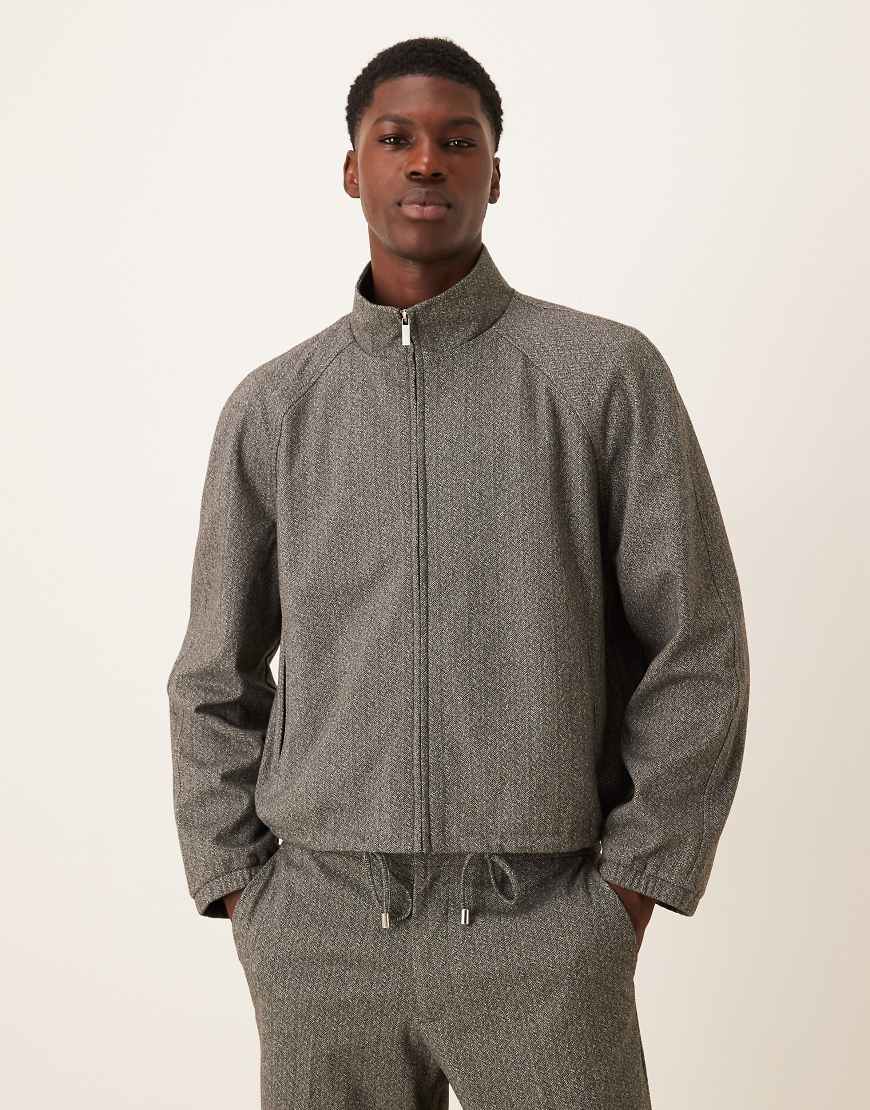 ASOS DESIGN - Elegante Trainingsjacke in Grau mit Fischgrätmuster, Kombiteil von ASOS DESIGN