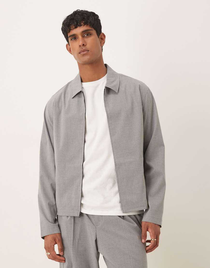 ASOS DESIGN - Elegante kurze Harrington-Jacke in Grau mit Nadelstreifen, Kombiteil von ASOS DESIGN