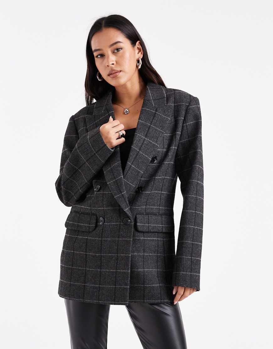 ASOS DESIGN - Eleganter, zweireihiger, karierter Power-Blazer aus Wollmix in Schwarz und Grau-Bunt ASOS DESIGN - Eleganter, zweireihiger, karierter Power-Blazer aus Wollmix in Schwarz und Grau-Bunt von ASOS DESIGN