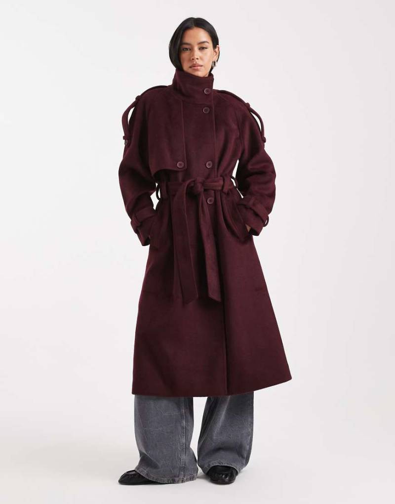 ASOS DESIGN - Eleganter Longline-Trenchcoat in Burgunderrot mit Stehkragen von ASOS DESIGN