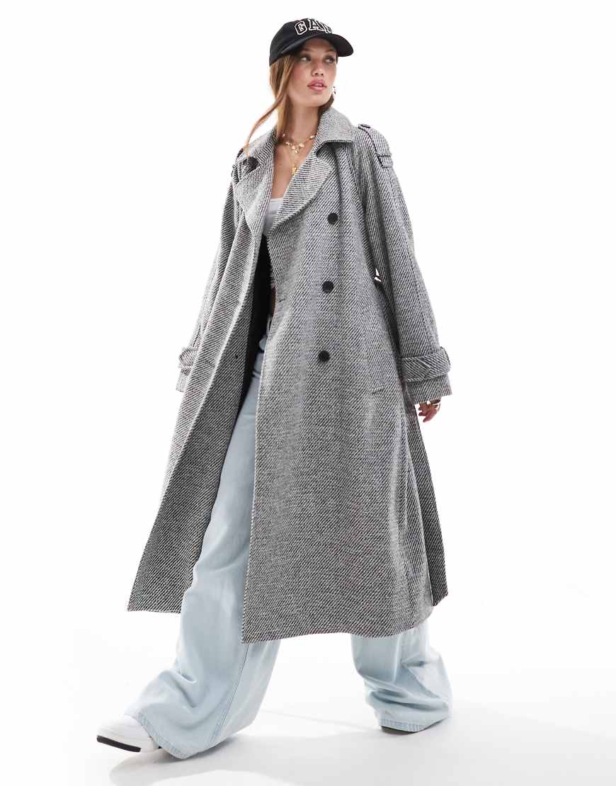 ASOS DESIGN - Eleganter Trenchcoat aus Kunstwolle in Salz und Pfeffer-Schwarz von ASOS DESIGN