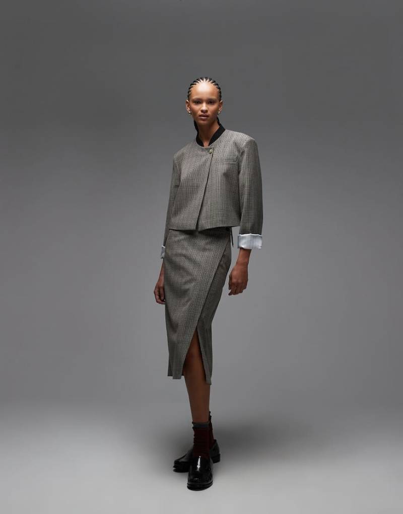 ASOS DESIGN - Eleganter Wickelrock in Blau und Grau kariert mit Doppelbund von ASOS DESIGN