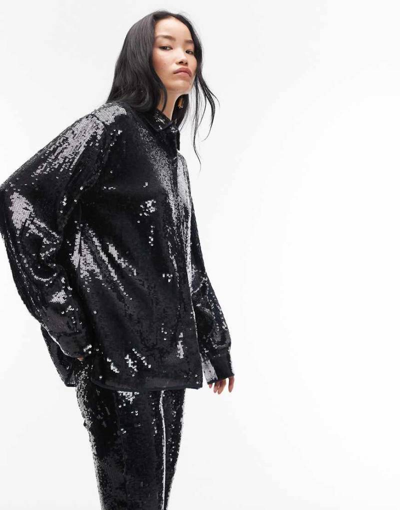 ASOS DESIGN - Elegantes hochwertiges Oversize-Hemd mit Pailletten in Marineblau, Kombiteil von ASOS DESIGN