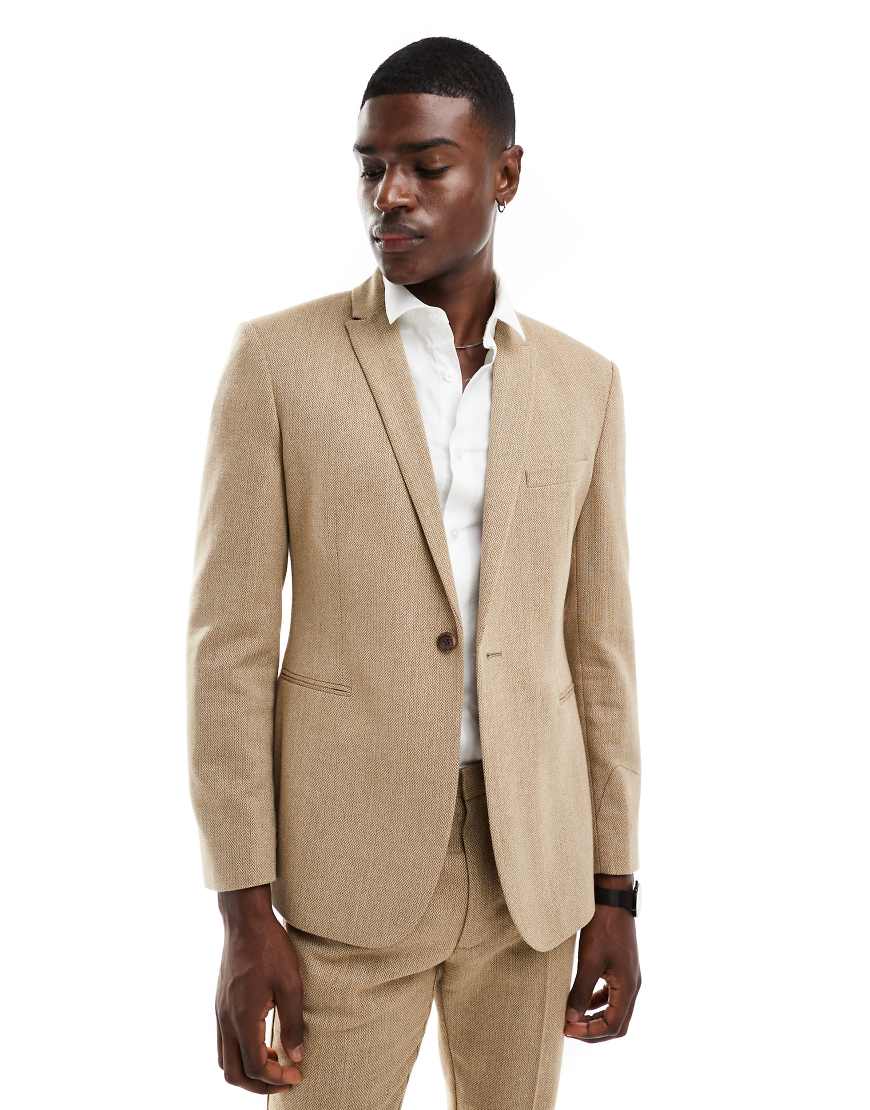 ASOS DESIGN - Eng anliegende Anzugjacke in Karamell aus Wollmix mit Panamabindung-Neutral von ASOS DESIGN
