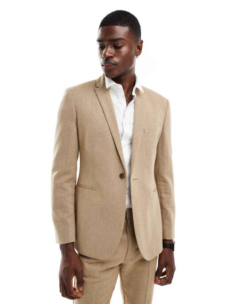 ASOS DESIGN - Eng anliegende Anzugjacke in Karamell aus Wollmix mit Panamabindung-Neutral von ASOS DESIGN