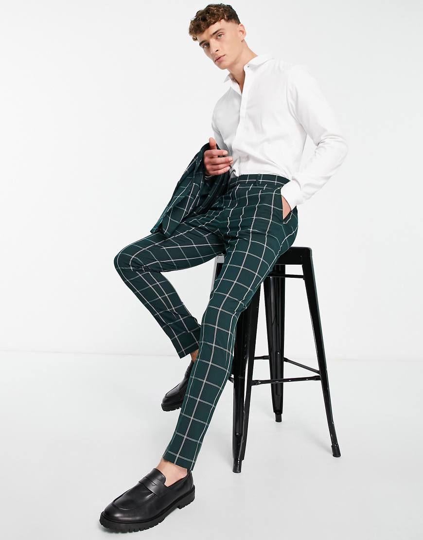 ASOS DESIGN - Eng geschnittene Anzughose in dunklem Blaugrün mit großem Karomuster von ASOS DESIGN