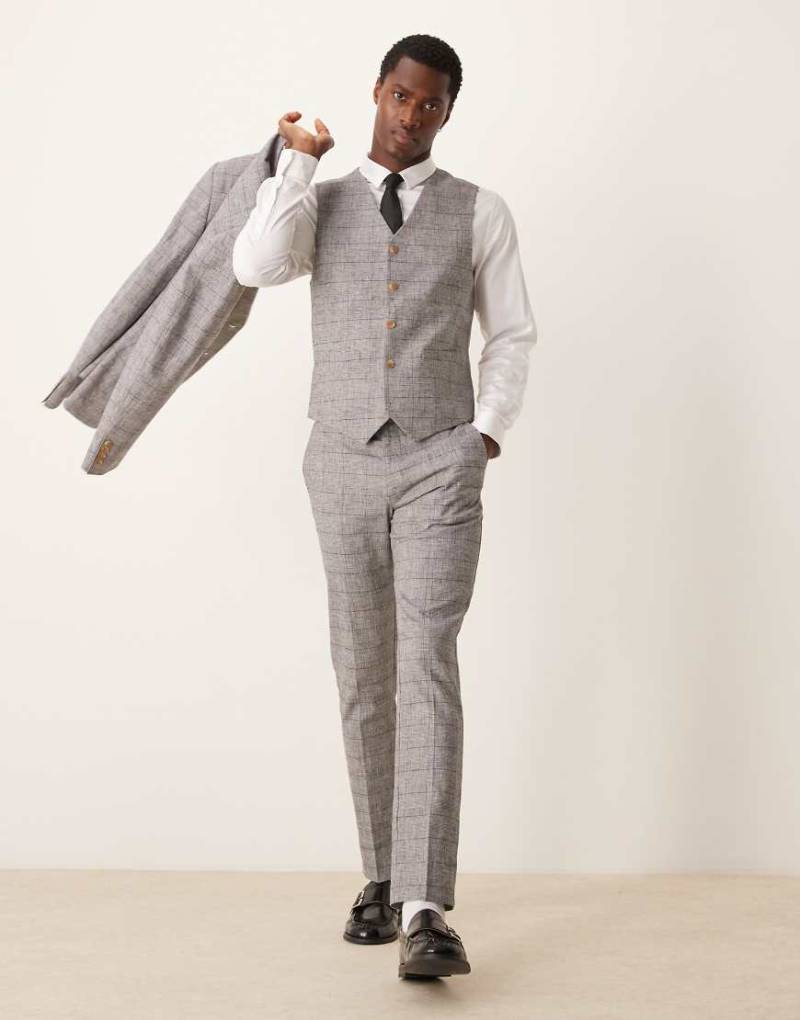 ASOS DESIGN - Eng geschnittene Anzughose mit Leinen in Grau mit Prince-of-Wales-Karomuster von ASOS DESIGN