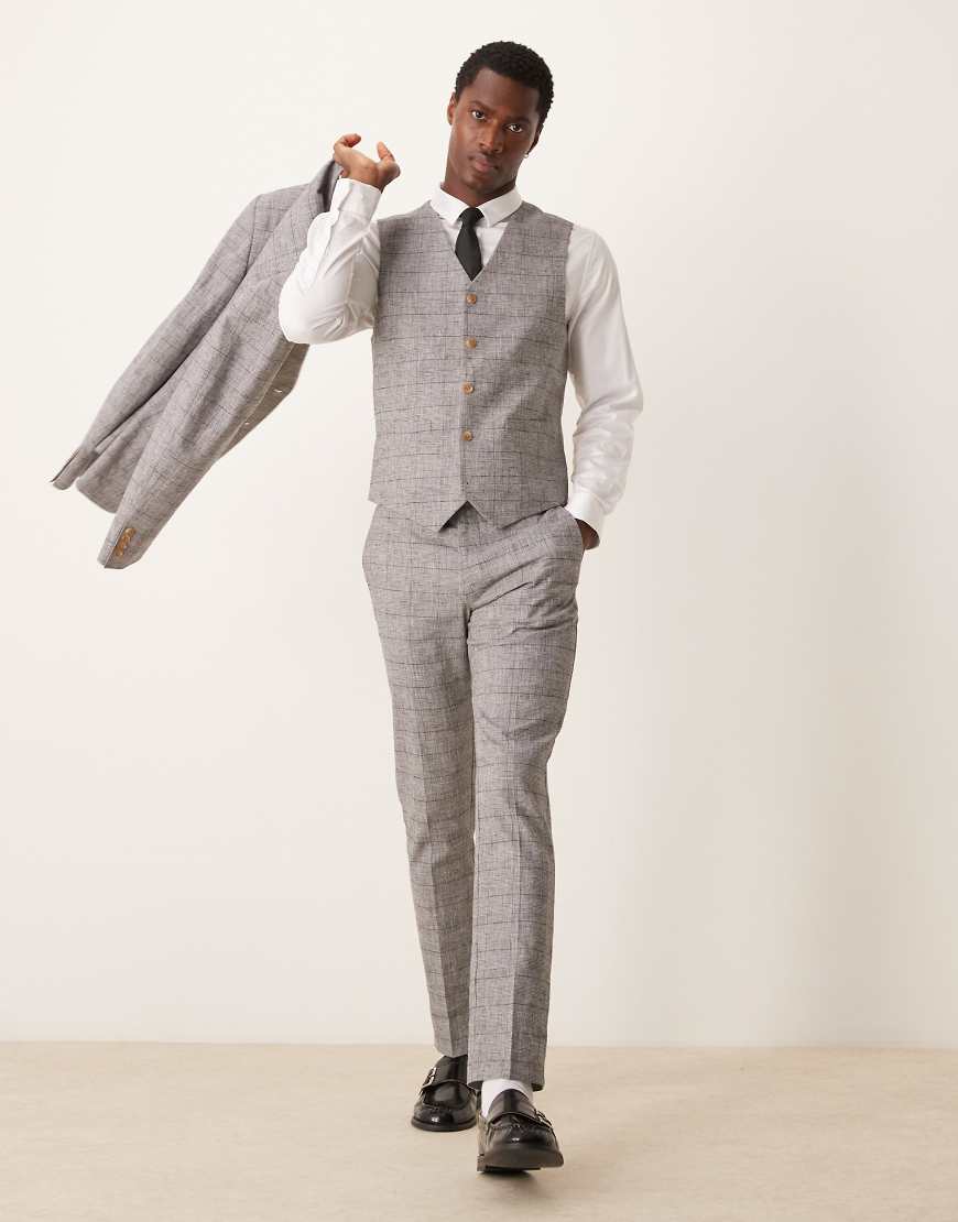 ASOS DESIGN - Eng geschnittene Anzughose mit Leinen in Grau mit Prince-of-Wales-Karomuster von ASOS DESIGN