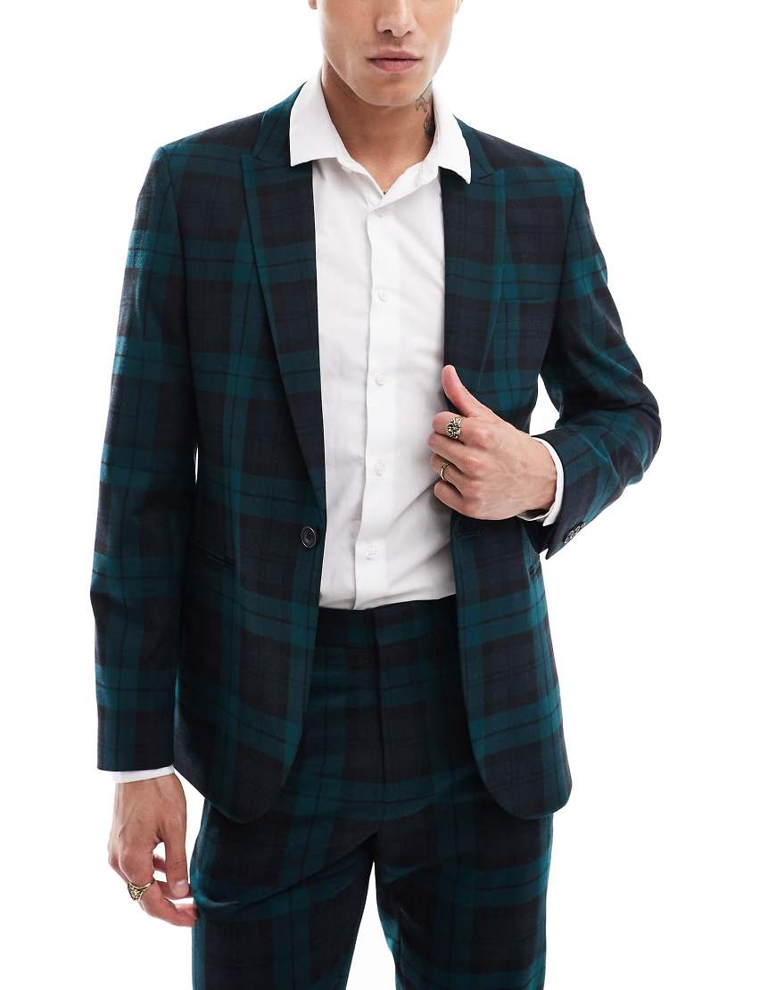 ASOS DESIGN - Eng geschnittene Anzugjacke in Dunkelgrün mit Schottenmuster von ASOS DESIGN
