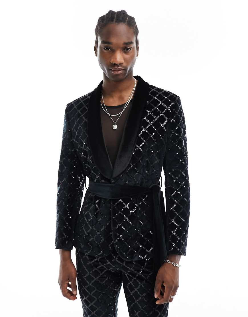 ASOS DESIGN - Eng geschnittene Anzugjacke in Schwarz mit rautenförmigem Paillettenbesatz von ASOS DESIGN