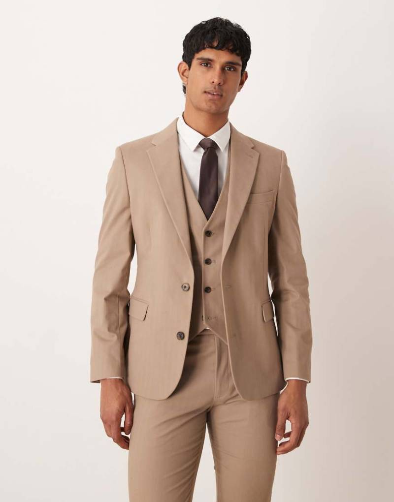 ASOS DESIGN - Eng geschnittene Anzugjacke in Steinbeige mit Fischgrätmuster-Neutral von ASOS DESIGN