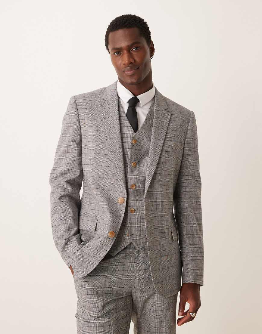 ASOS DESIGN - Eng geschnittene Anzugjacke mit Leinen in Grau mit Prince-of-Wales-Karomuster von ASOS DESIGN