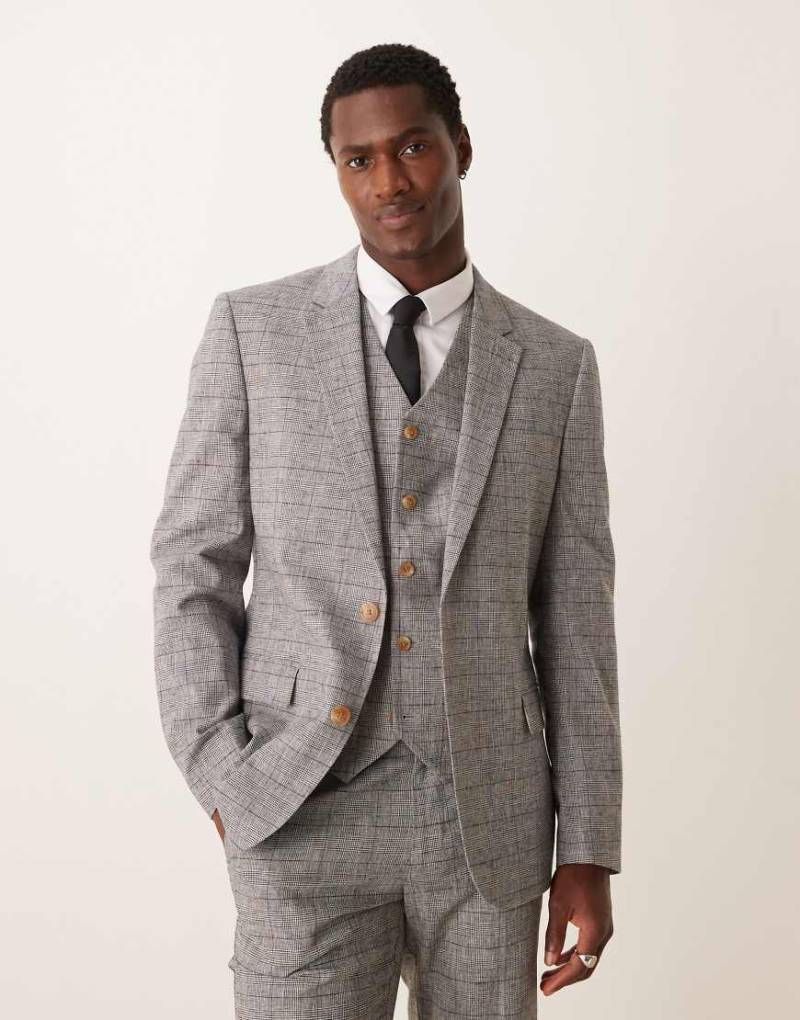 ASOS DESIGN - Eng geschnittene Anzugjacke mit Leinen in Grau mit Prince-of-Wales-Karomuster von ASOS DESIGN