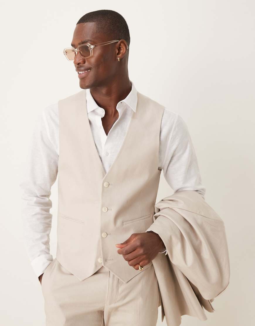 ASOS DESIGN - Eng geschnittene Anzugweste aus Leinenmix in Steinbeige-Neutral von ASOS DESIGN