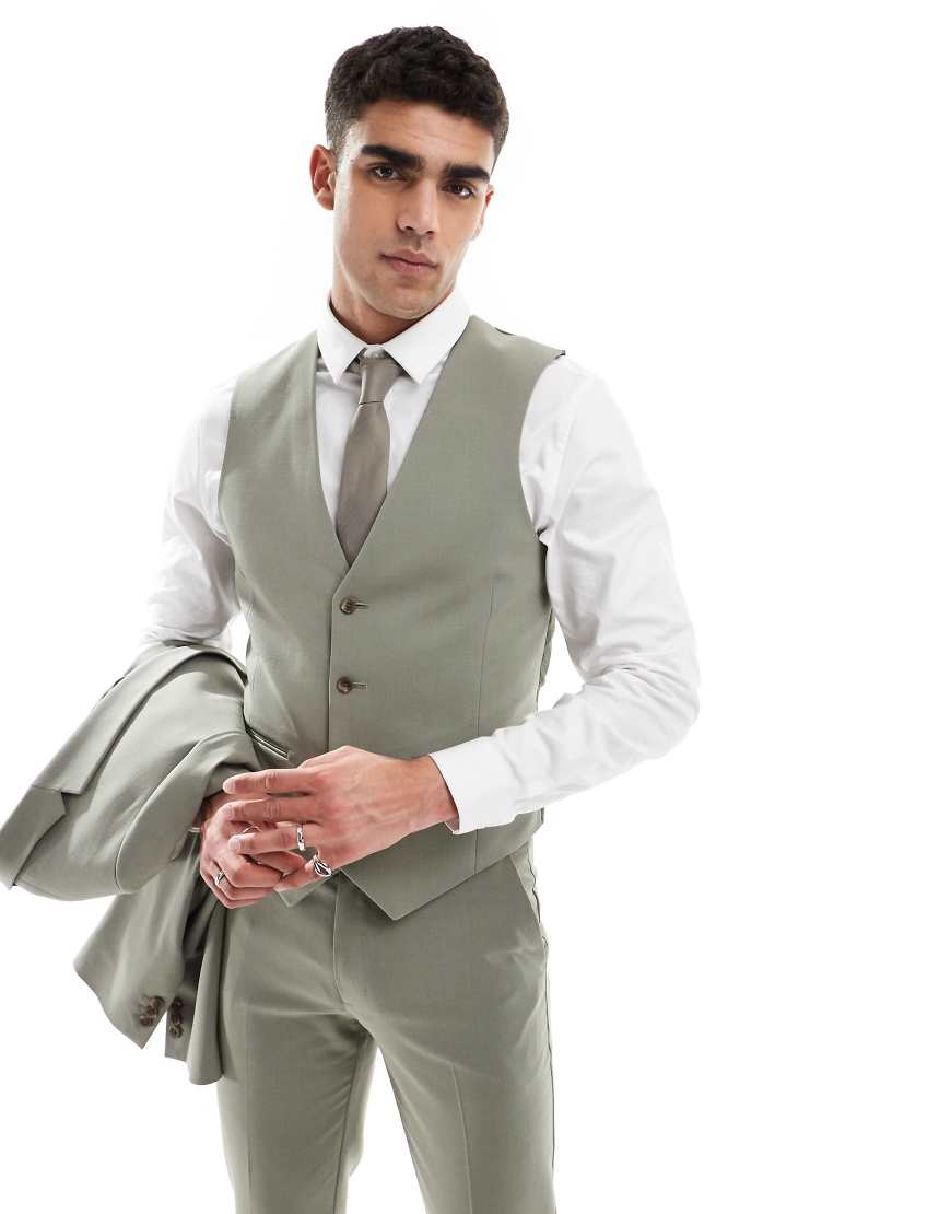 ASOS DESIGN - Eng geschnittene Anzugweste in Khaki-Grün ASOS DESIGN - Eng geschnittene Anzugweste in Khaki-Grün von ASOS DESIGN