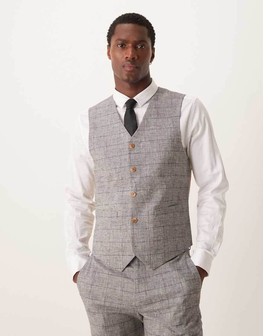 ASOS DESIGN - Eng geschnittene Anzugweste mit Leinen in Grau mit Prince-of-Wales-Karomuster ASOS DESIGN - Eng geschnittene Anzugweste mit Leinen in Grau mit Prince-of-Wales-Karomuster von ASOS DESIGN