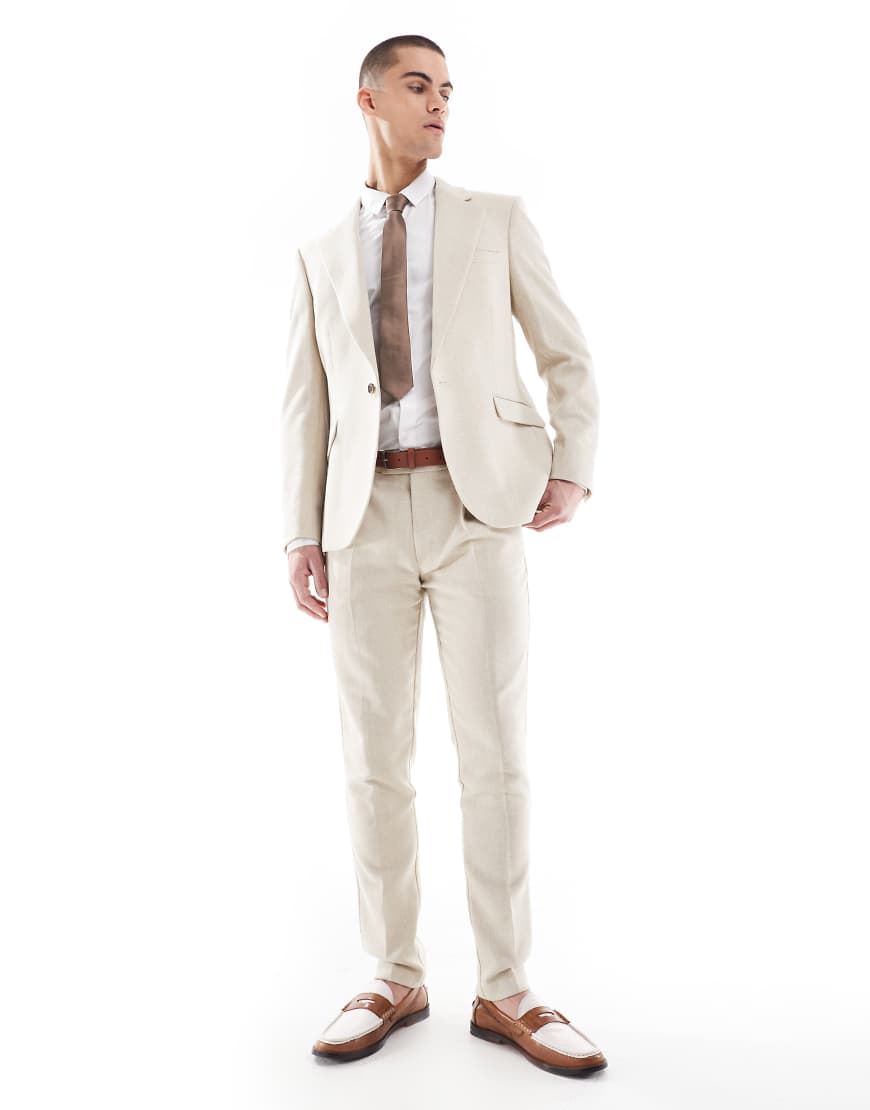 ASOS DESIGN - Enge Anzughose aus Wollmischung in Steinbeige mit Fischgrätmuster-Neutral von ASOS DESIGN