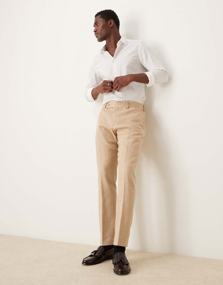 ASOS DESIGN - Enge Anzughose aus Wollmix in Beige mit Hahnentrittmuster-Neutral von ASOS DESIGN