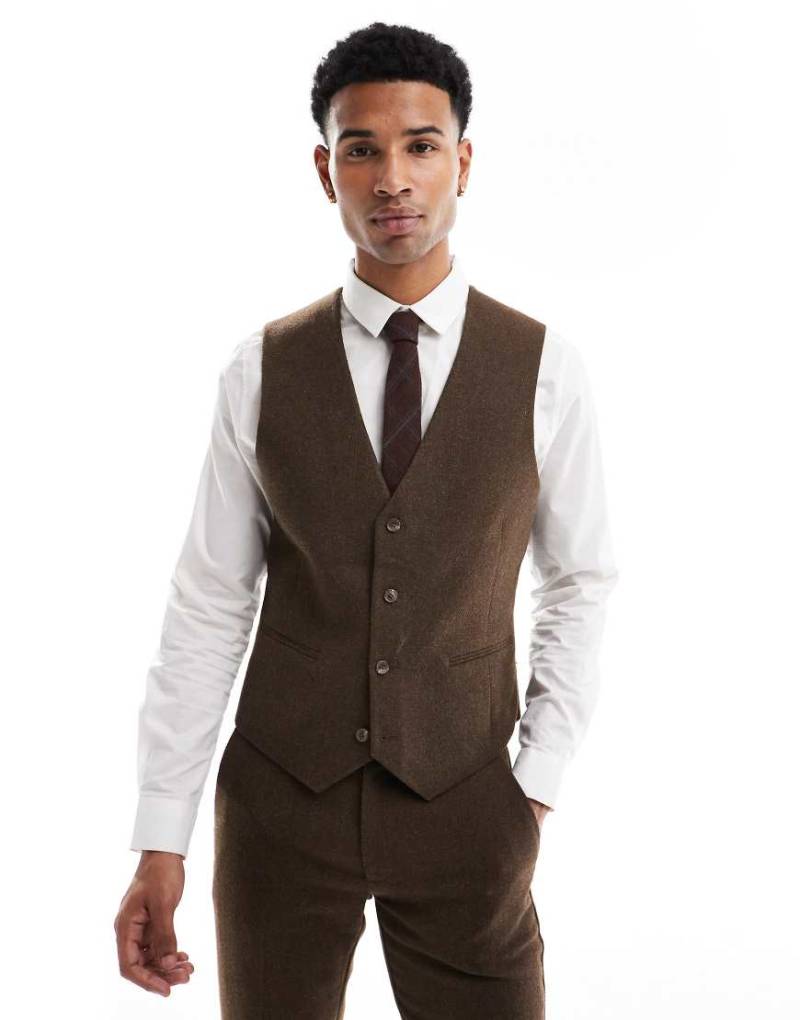 ASOS DESIGN - Enge Anzugweste aus Wolle und Twill in Braun von ASOS DESIGN