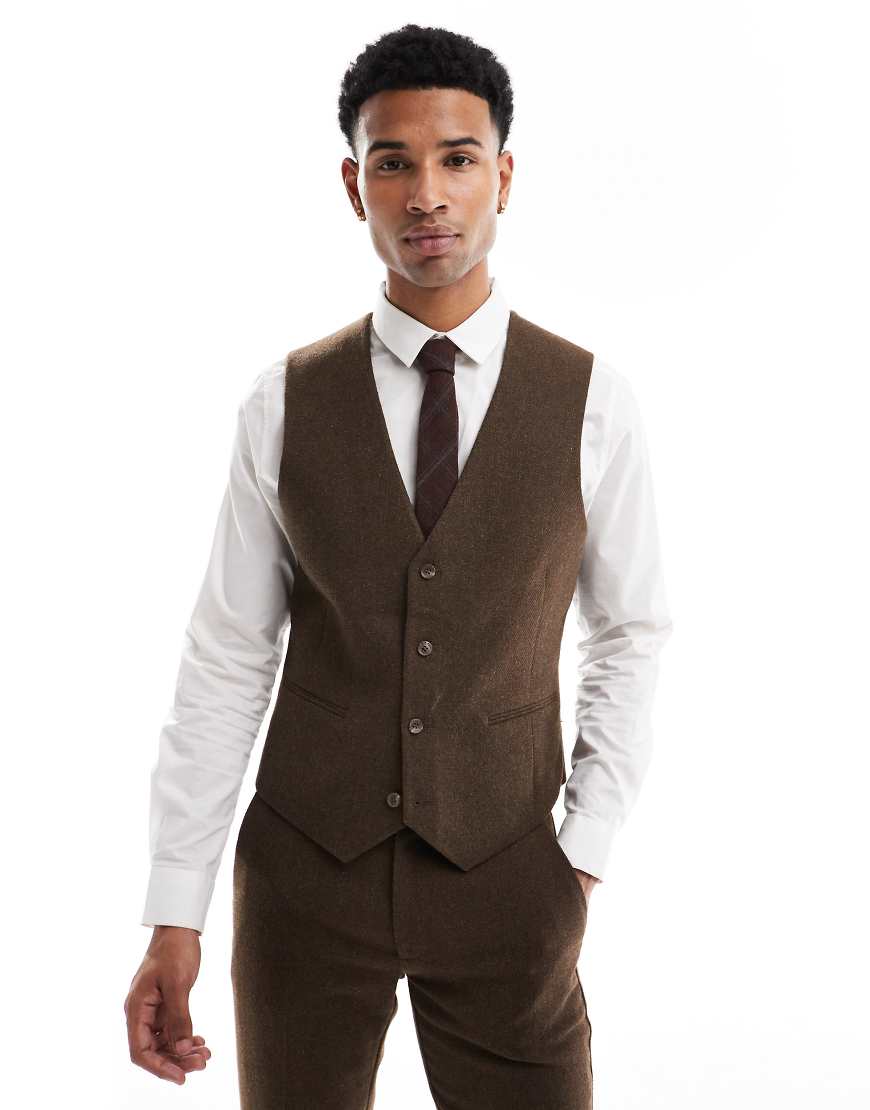 ASOS DESIGN - Enge Anzugweste aus Wolle und Twill in Braun von ASOS DESIGN
