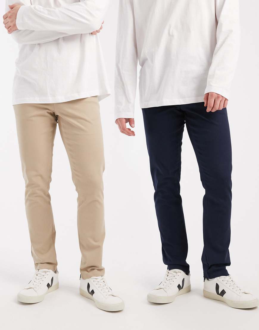 ASOS DESIGN - Enge Chinohosen in Marineblau und Steingrau, 2er-Pack-Bunt von ASOS DESIGN