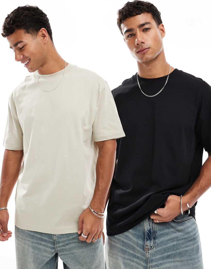 ASOS DESIGN - Essential - 2er-Pack Relaxed-Fit-T-Shirts in Schwarz und Steinbeige-Bunt von ASOS DESIGN