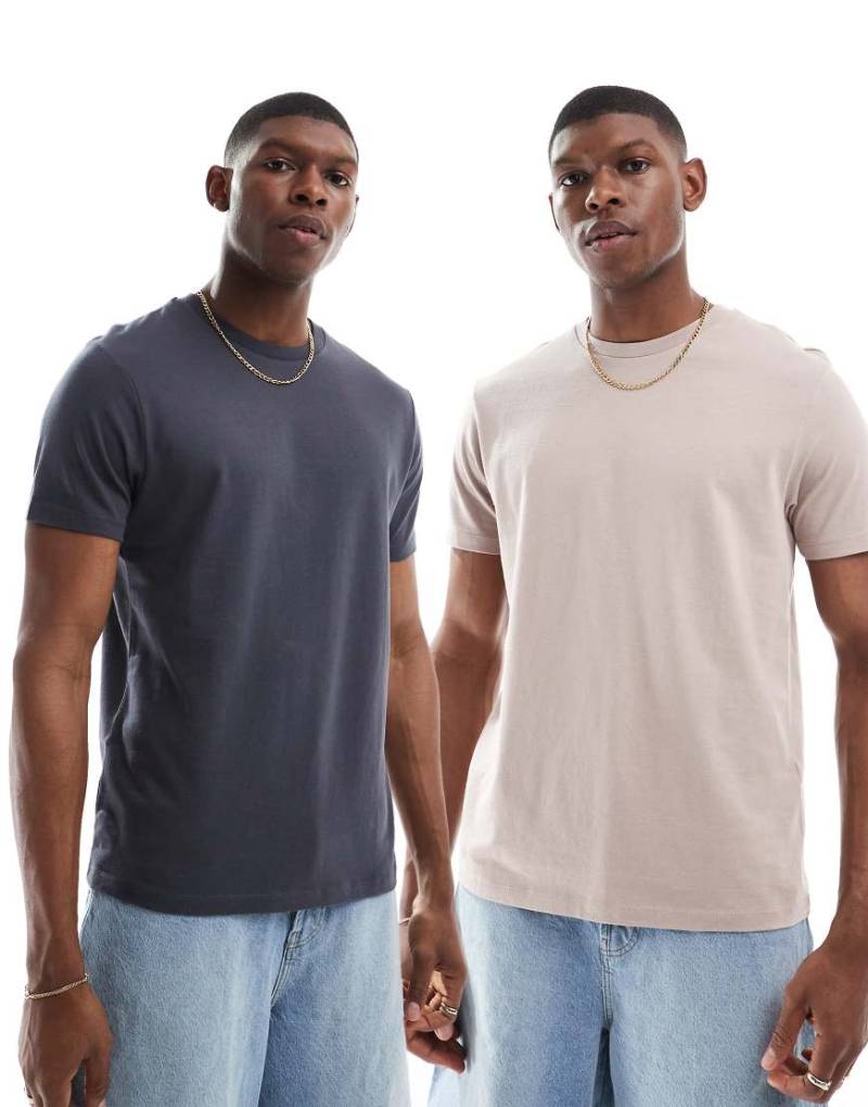 ASOS DESIGN - Essential - 2er-Pack T-Shirts in Anthrazit und Steinbeige meliert mit Rundhalsausschnitt-Bunt von ASOS DESIGN