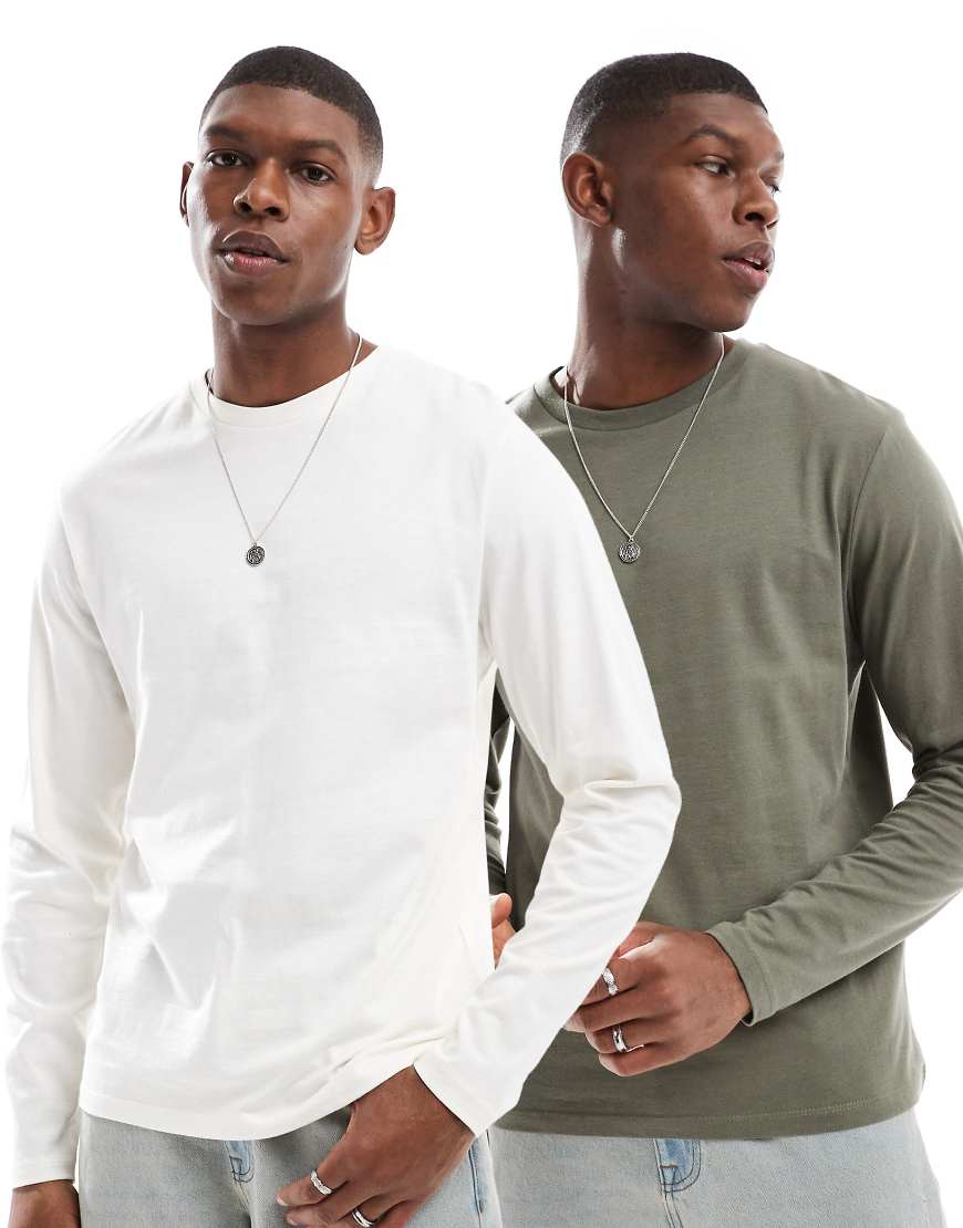 ASOS DESIGN - Essential - 2er-Pack langärmlige T-Shirts in Creme und Khaki mit Rundhalsausschnitt-Bunt ASOS DESIGN - Essential - 2er-Pack langärmlige T-Shirts in Creme und Khaki mit Rundhalsausschnitt-Bunt von ASOS DESIGN