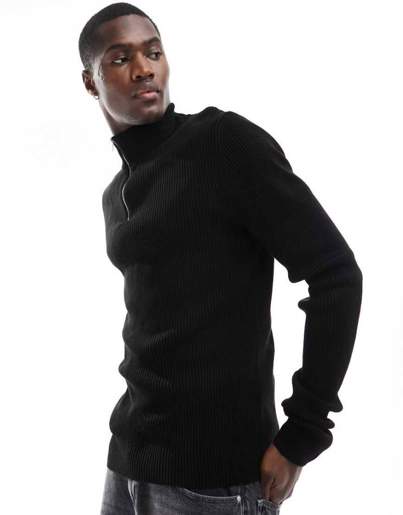 ASOS DESIGN - Essential - Körperbetonter Strickpullover in Schwarz mit halblangem Reißverschluss von ASOS DESIGN