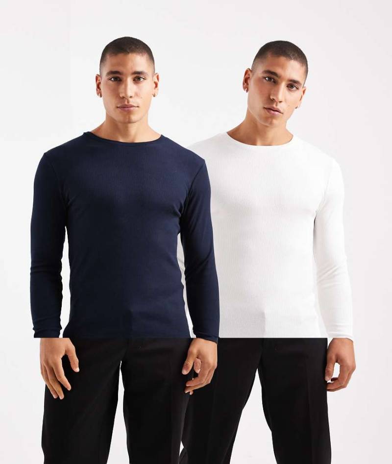 ASOS DESIGN - Essentials - 2er-Pack Muskelshirts in Creme und Marineblau mit Rippenmuster und langen Ärmeln-Bunt von ASOS DESIGN