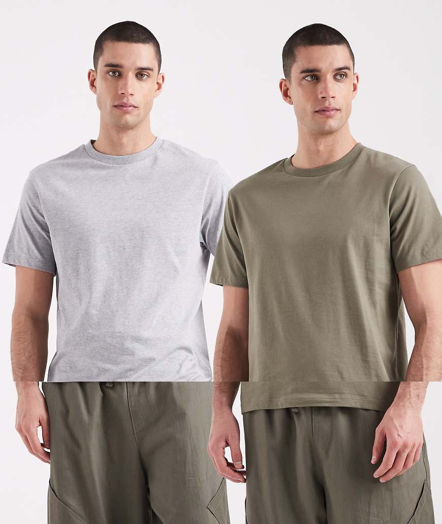ASOS DESIGN - Essentials - 2er-Pack T-Shirts in Khaki und Grau meliert mit Rundhalsausschnitt-Bunt von ASOS DESIGN