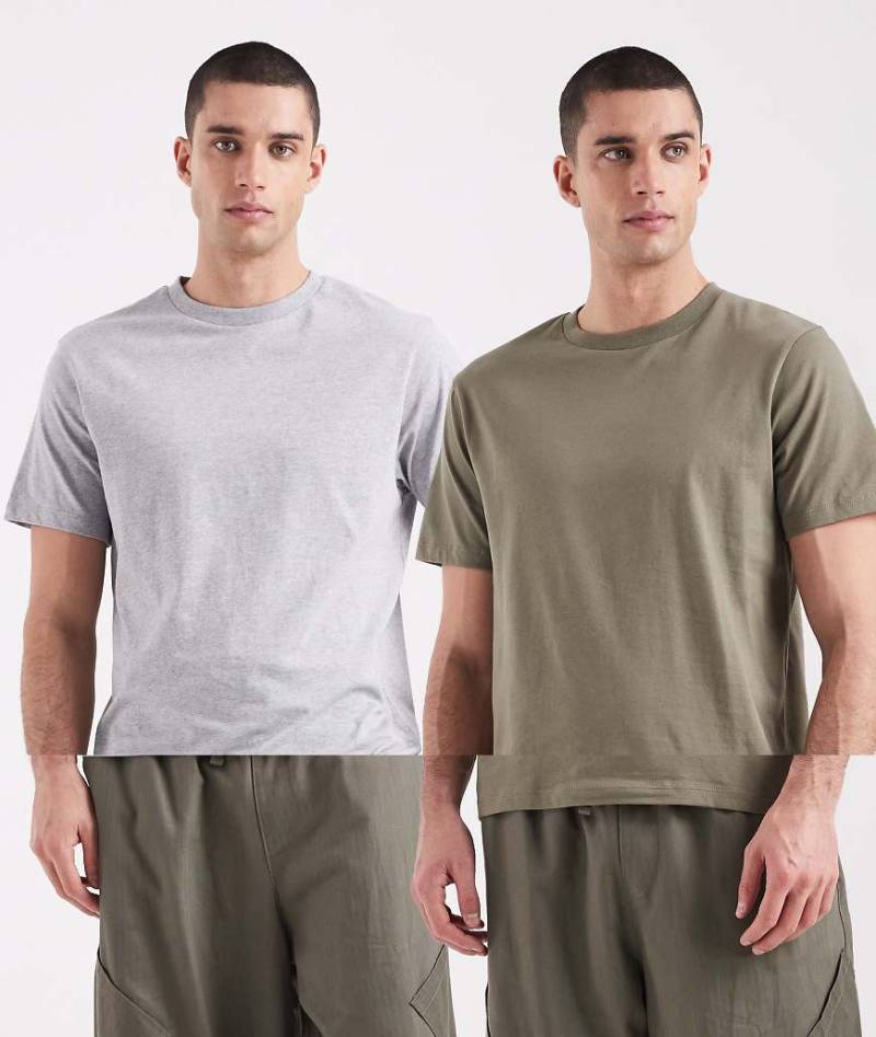 ASOS DESIGN - Essentials - 2er-Pack T-Shirts in Khaki und Grau meliert mit Rundhalsausschnitt-Bunt von ASOS DESIGN