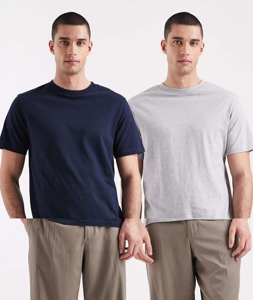 ASOS DESIGN - Essentials - 2er-Pack T-Shirts in Marineblau und Grau mit Rundhalsausschnitt-Bunt von ASOS DESIGN