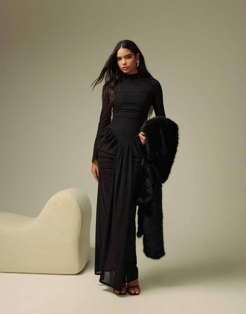 ASOS DESIGN - Extrem gerafftes schwarzes Maxikleid aus Stretch-Chiffon mit Body und hohem Kragen von ASOS DESIGN