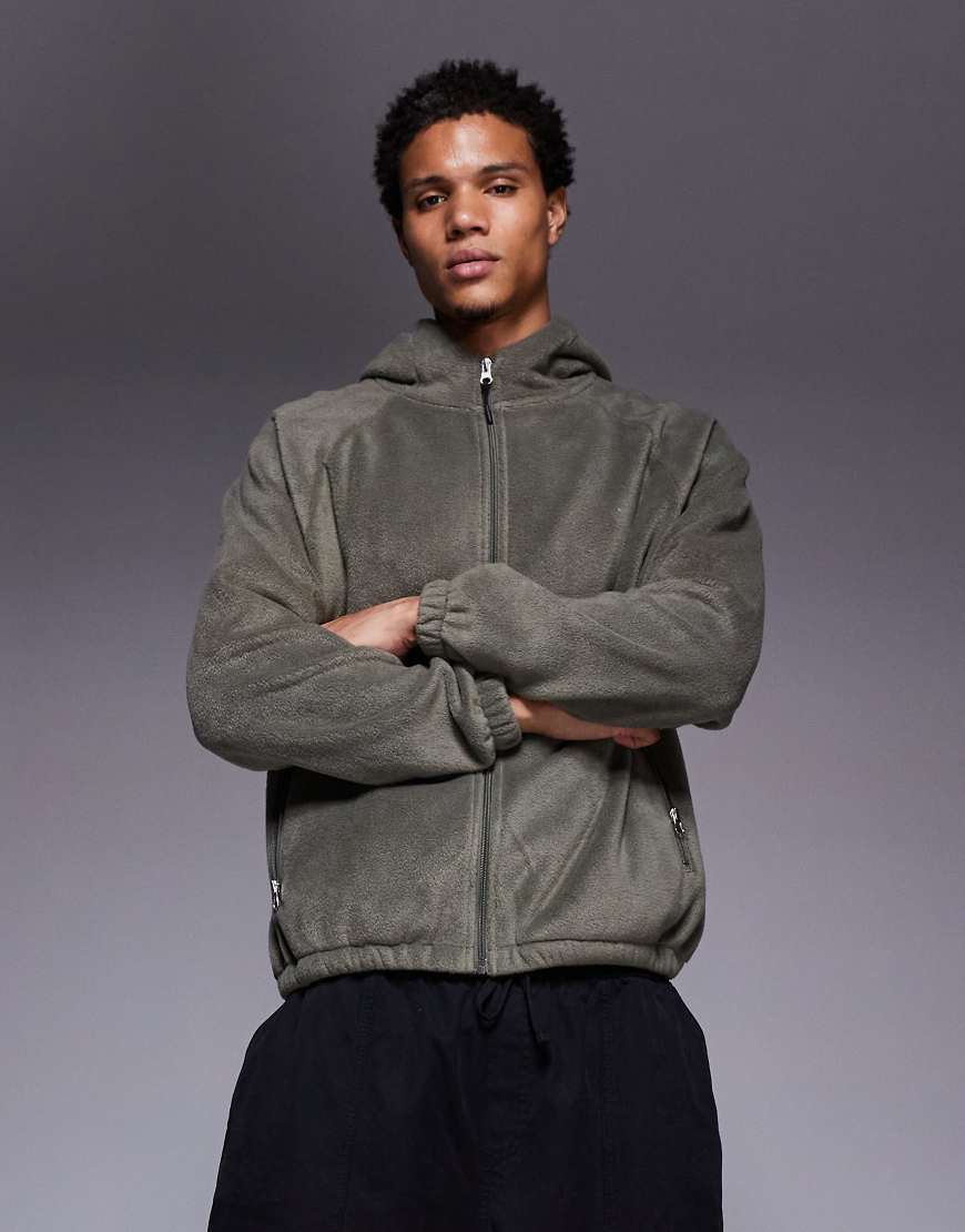 ASOS DESIGN - Locker geschnittene Fleece-Kapuzenjacke in Grün mit Stehkragen und Reißverschluss von ASOS DESIGN