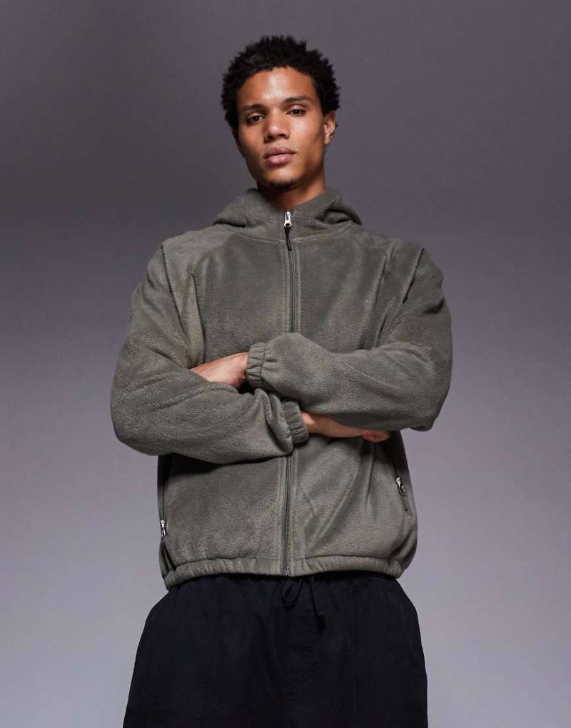 ASOS DESIGN - Locker geschnittene Fleece-Kapuzenjacke in Grün mit Stehkragen und Reißverschluss von ASOS DESIGN